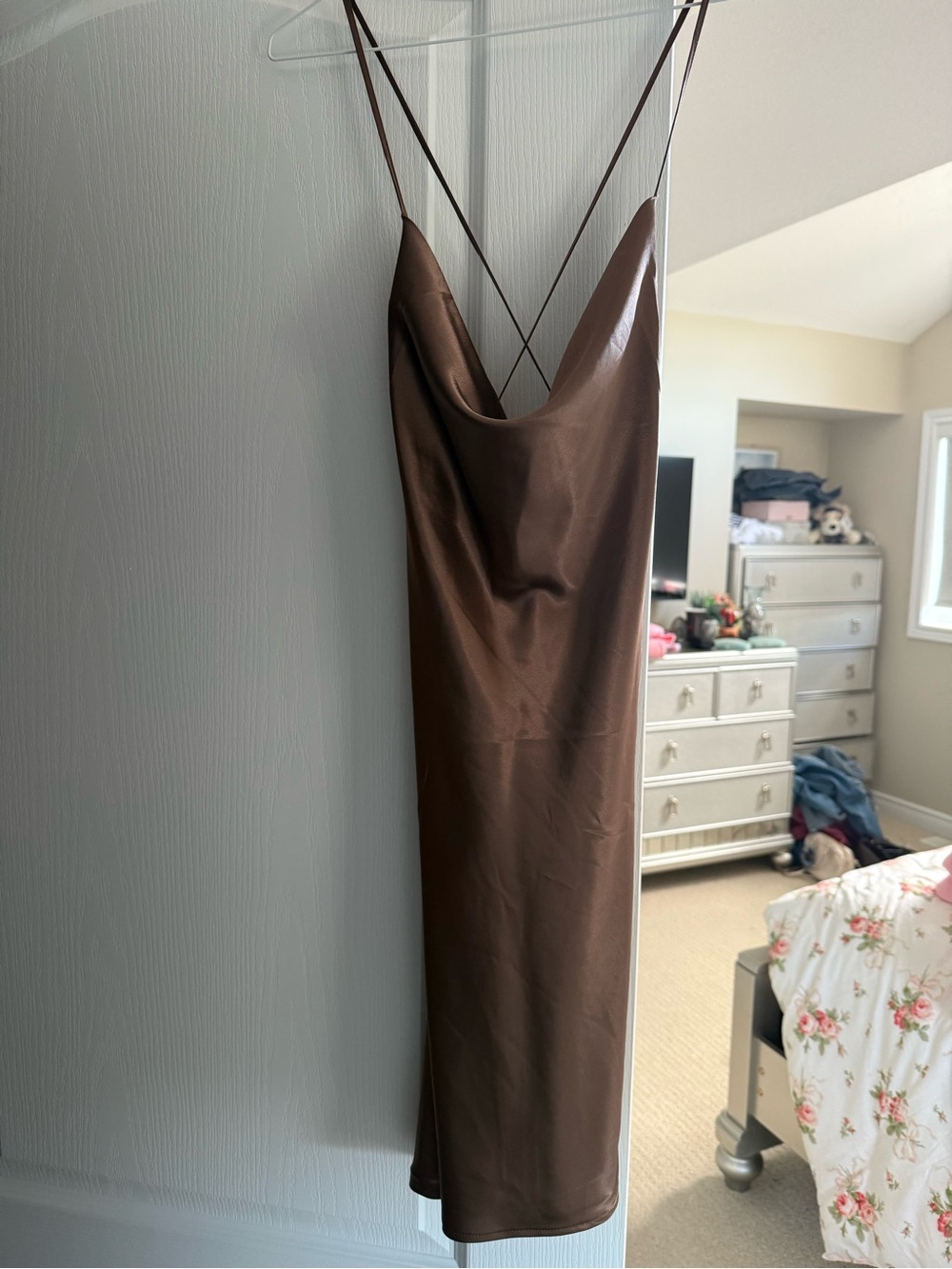 H&M Brown Satin Cowl Midi Slip Dress